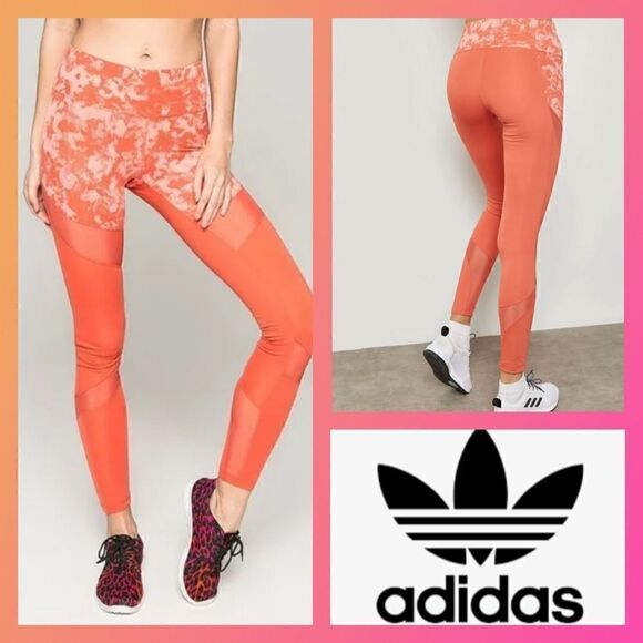 NWT MSRP $100 Adidas Climalite Ultimate Rise Printed Orange Tights Leggings - Picture 1 of 9